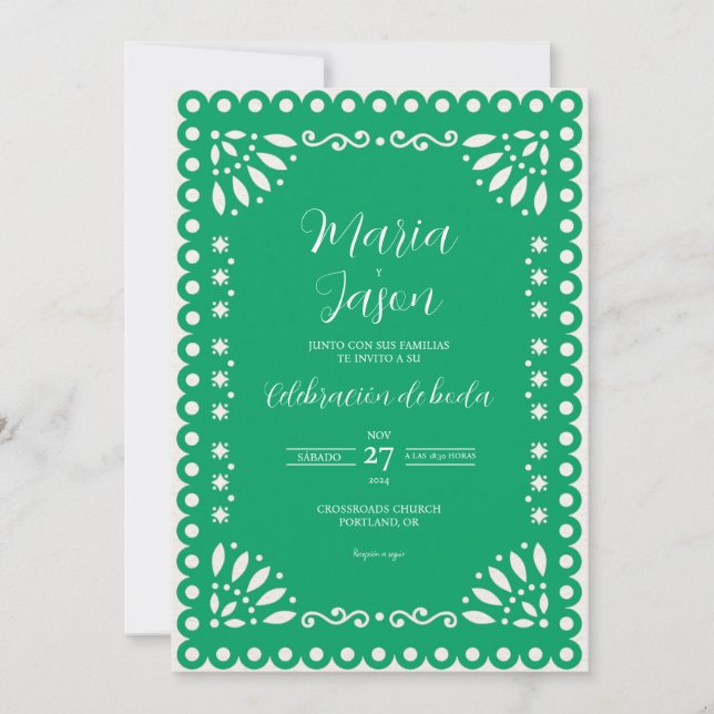 Green Papel Picado Traditional Spanish Wedding Invitation (Front)