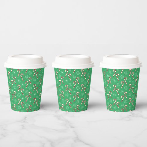 Green paper cups with candy canes and snowflakes 