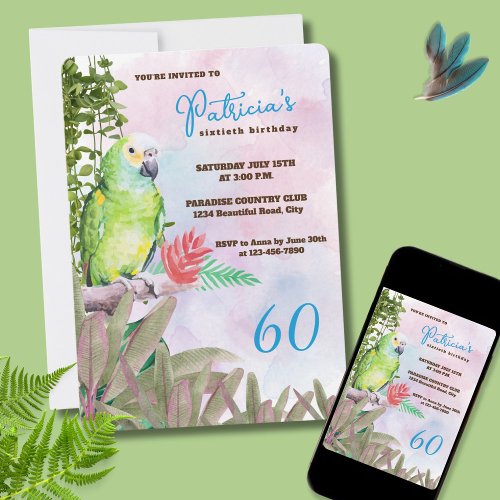 Green Parakeet in Paradise Landscape  Invitation