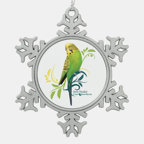 Green Parakeet Snowflake Pewter Christmas Ornament