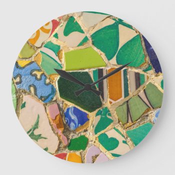 Green Parc Guell Tiles In Barcelona Spain Large Clock by bbourdages at Zazzle