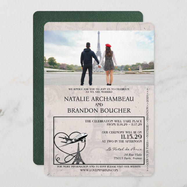 Green Paris Passport Wedding Invitation (Front/Back)
