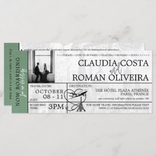 Green Paris Wedding Boarding Pass Invitation