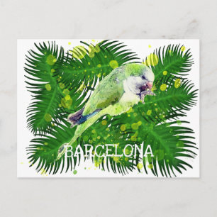 Green parrot and palm leaves watercolor postcard