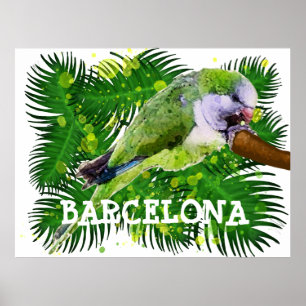 Green parrot and palm leaves watercolor poster
