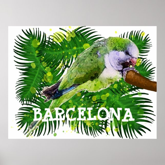 Green parrot and palm leaves watercolor poster (Front)