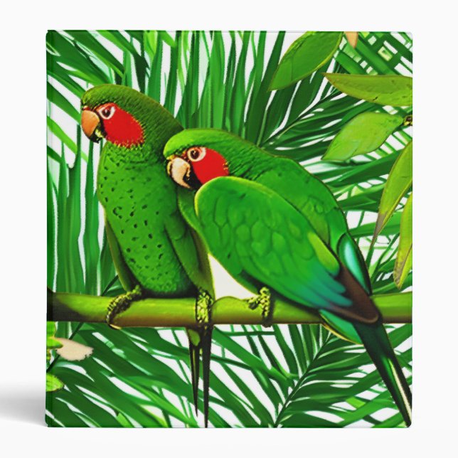 Green Parrot Couple in a Jungle Setting 3 Ring Binder (Front)