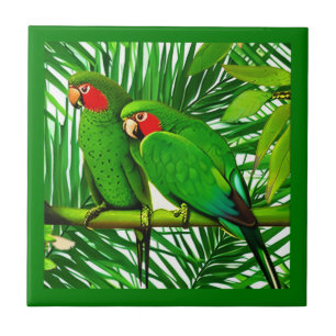 Green Parrot Couple in a Jungle Setting Ceramic Tile
