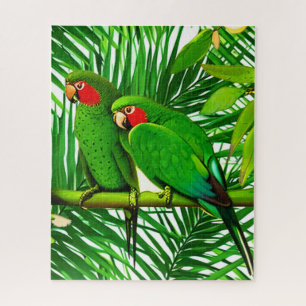Green Parrot Couple in a Jungle Setting Jigsaw Puzzle