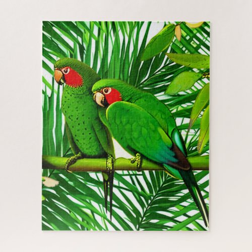 Green Parrot Couple in a Jungle Setting Jigsaw Puzzle