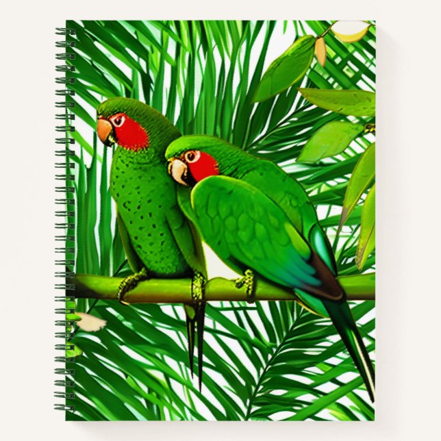 Green Parrot Couple in a Jungle Setting Notebook (Front)
