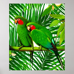 Green Parrot Couple in a Jungle Setting  Poster