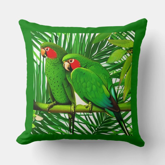 Green Parrot Couple in a Jungle Setting Throw Pillow (Front)