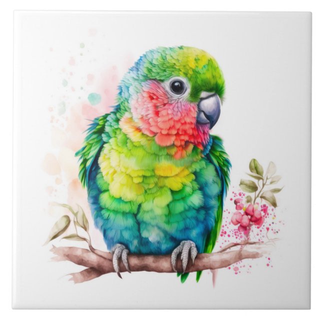 Green Parrot - Cute Baby Bird Ceramic Tile (Front)