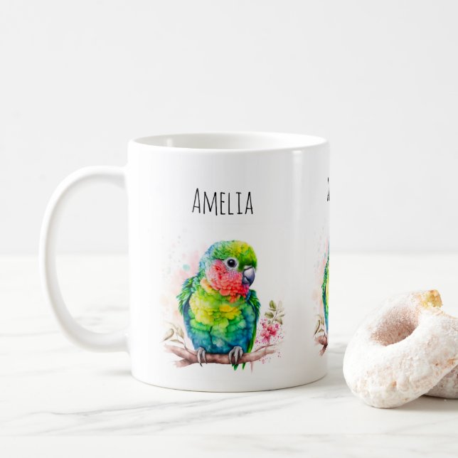 Green Parrot - Cute Baby Bird Coffee Mug (With Donut)