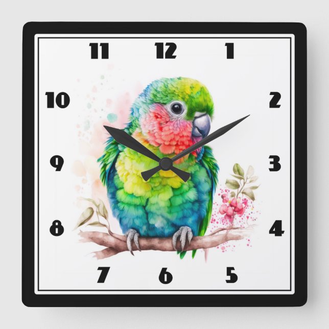 Green Parrot - Cute Baby Bird Square Wall Clock (Front)