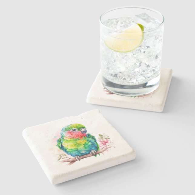 Green Parrot - Cute Baby Bird Stone Coaster (Side)