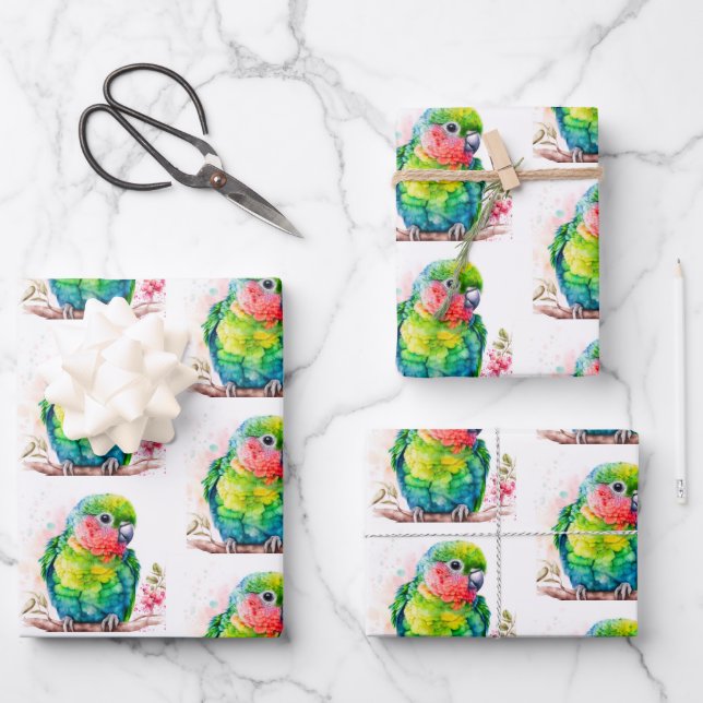 Green Parrot - Cute Baby Bird Wrapping Paper Sheets (Front)