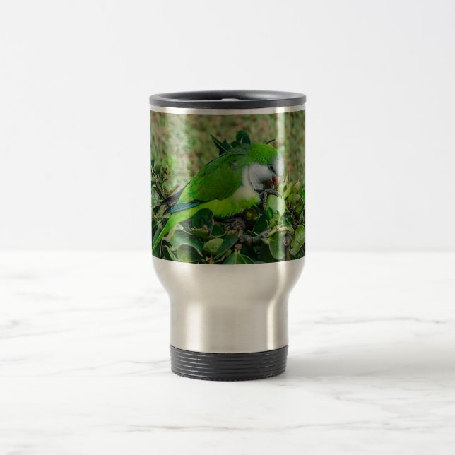 Green parrot travel mug (Center)