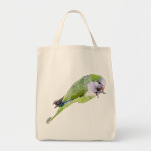 Green parrot watercolor painting tote bag
