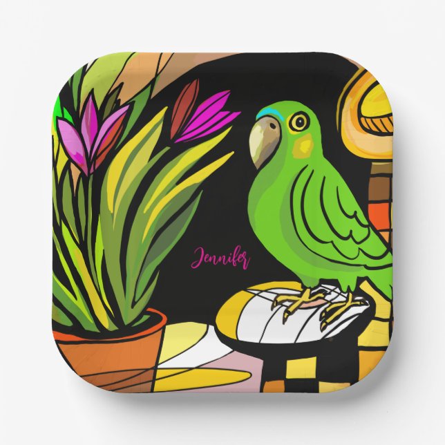 Green parrot with orange and yellow  paper plates (Front)