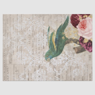 Green Parrot with Roses on Newspaper Decoupage Tissue Paper