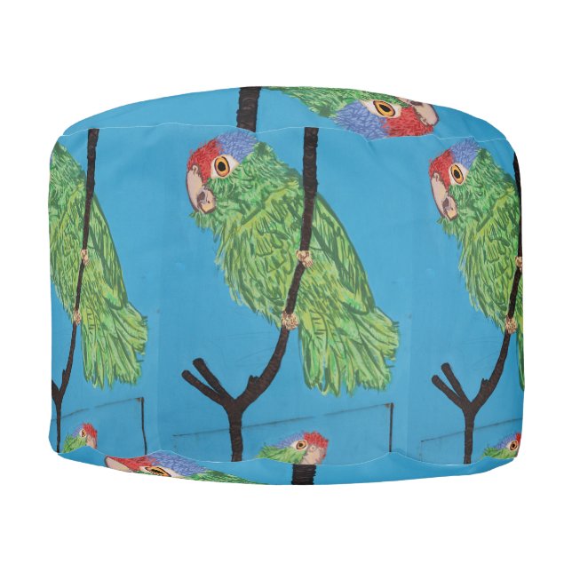 green parrots on blue round pouf (Front)