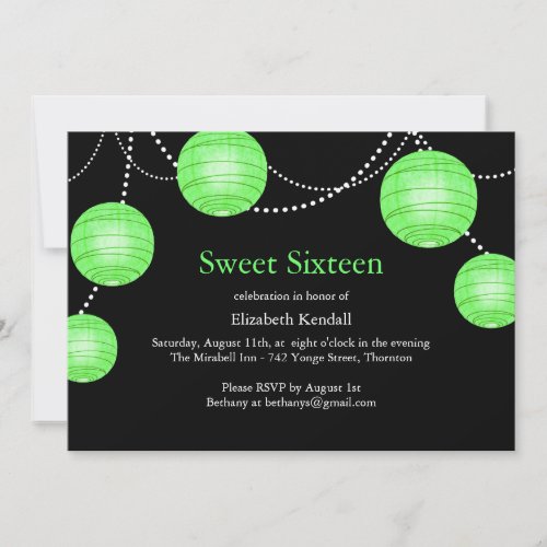 Green Party Lantern Sweet 16 Birthday Invitation