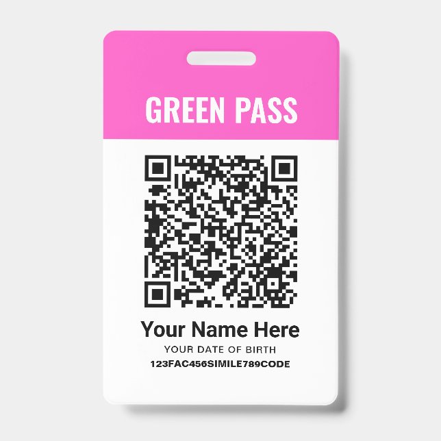 Green Pass Vaccination Certificate PVC Pink Badge (Front)
