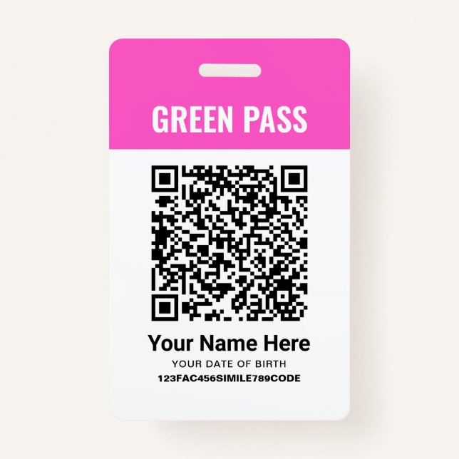 Green Pass Vaccination Certificate PVC Pink Badge (Front)