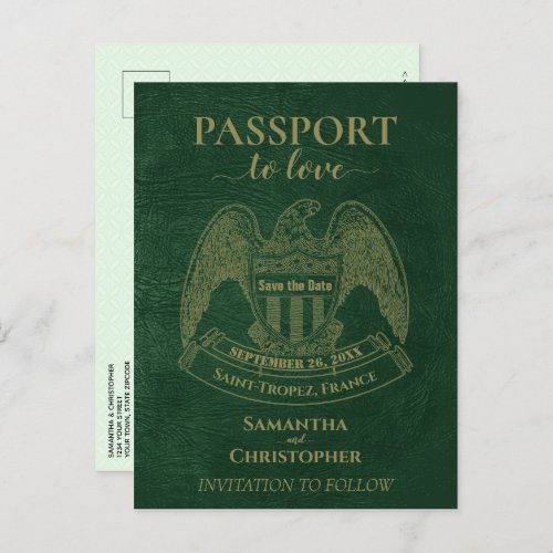 Green Passport Cute Fun Wedding Save the Date Announcement Postcard