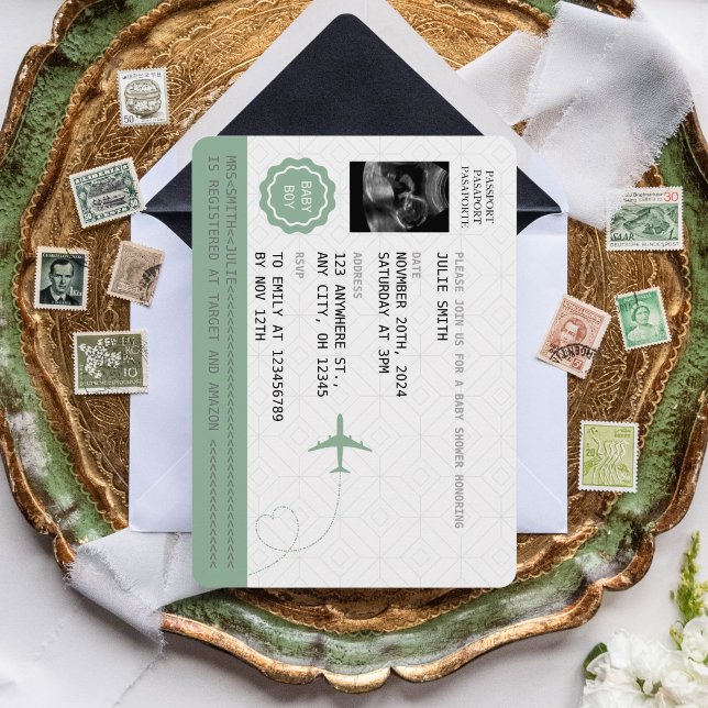 Green Passport Travel Boy Baby Shower World Map In Invitation