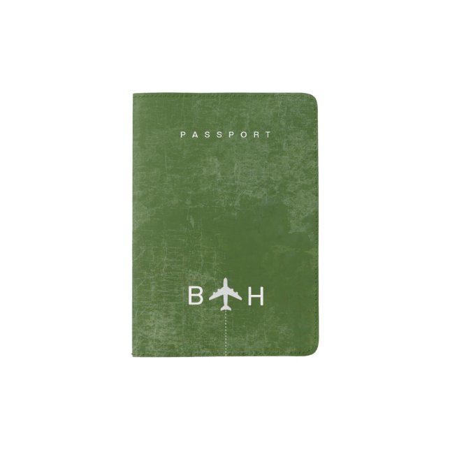 Green Passport with Modern Airplane Monogram  Holder (Front)