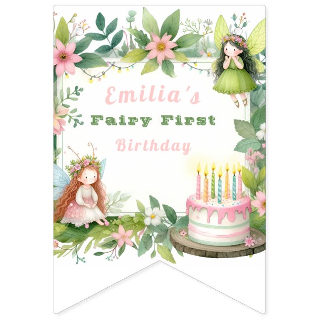 Green Pastel Fairy First Birthday - Bunting Flags (First Flag)