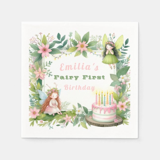 Green Pastel Fairy First Birthday - Napkins (Front)