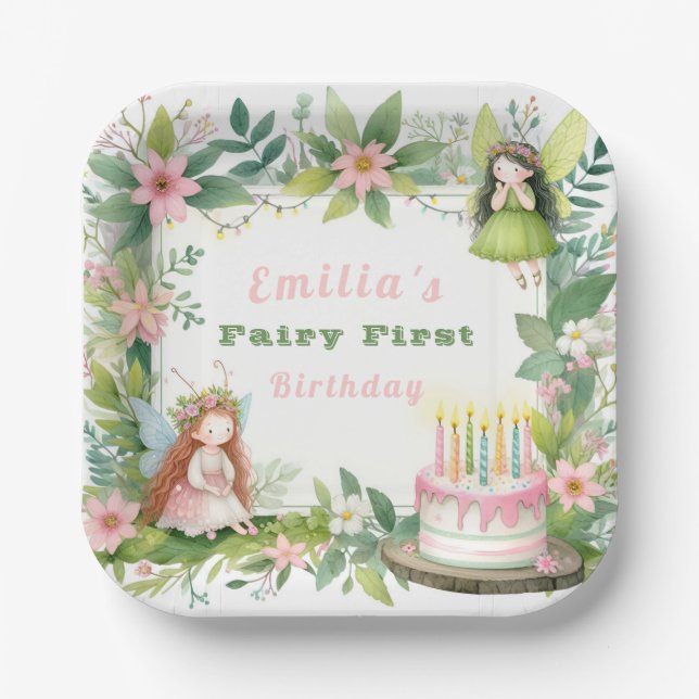 Green Pastel Fairy First Birthday - Paper Plates (Front)