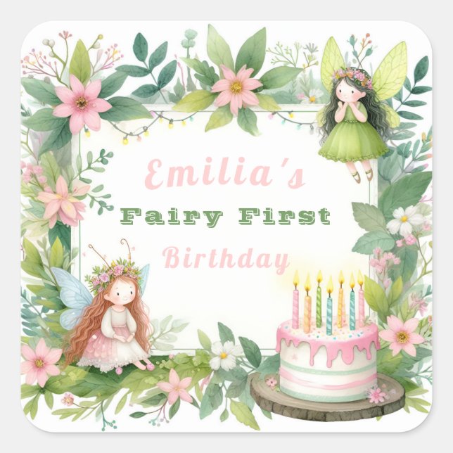 Green Pastel Fairy First Birthday - Square Sticker (Front)