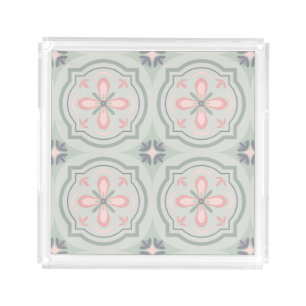 Green Pastel Floral Tiles Acrylic Tray