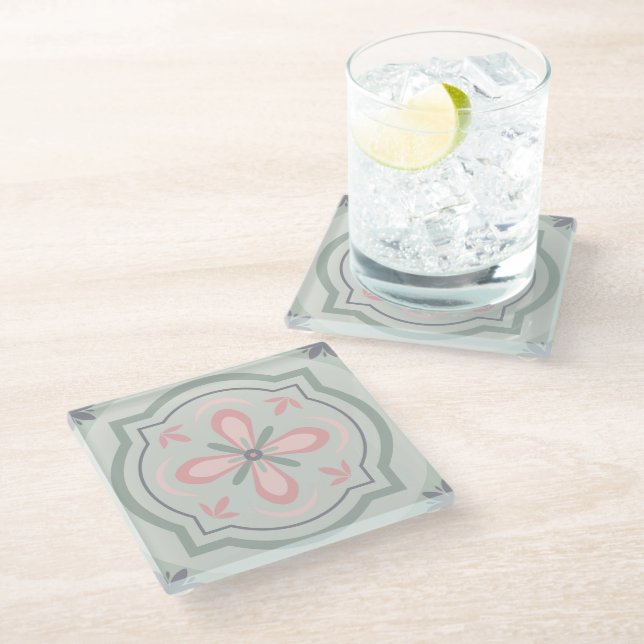 Green Pastel Floral Tiles Glass Coaster (Angled)