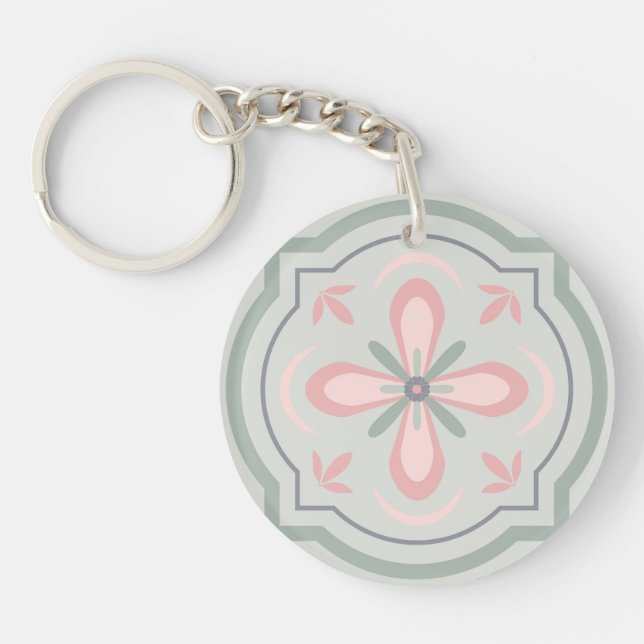 Green Pastel Floral Tiles Keychain (Front)