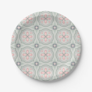 Green Pastel Floral Tiles Paper Plates