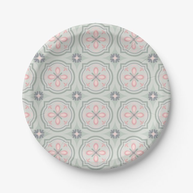 Green Pastel Floral Tiles Paper Plates (Front)