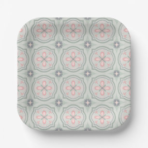 Green Pastel Floral Tiles Paper Plates
