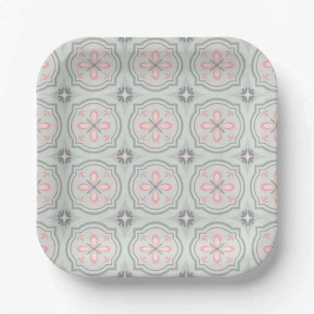 Green Pastel Floral Tiles Paper Plates (Front)