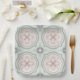 Green Pastel Floral Tiles Paper Plates