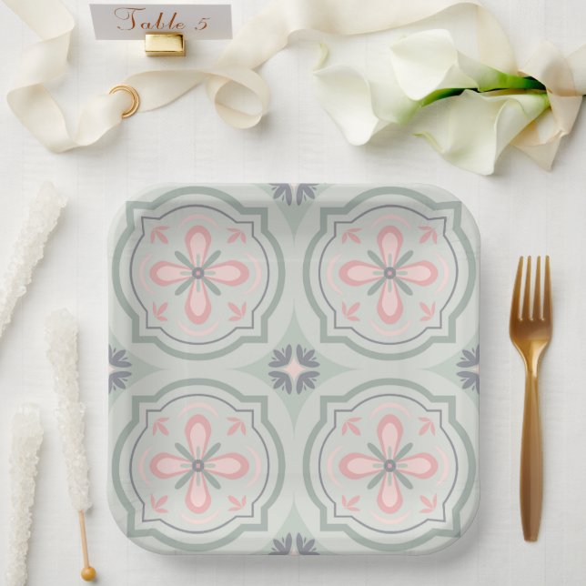 Green Pastel Floral Tiles Paper Plates (Wedding)