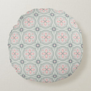 Green Pastel Floral Tiles Round Pillow