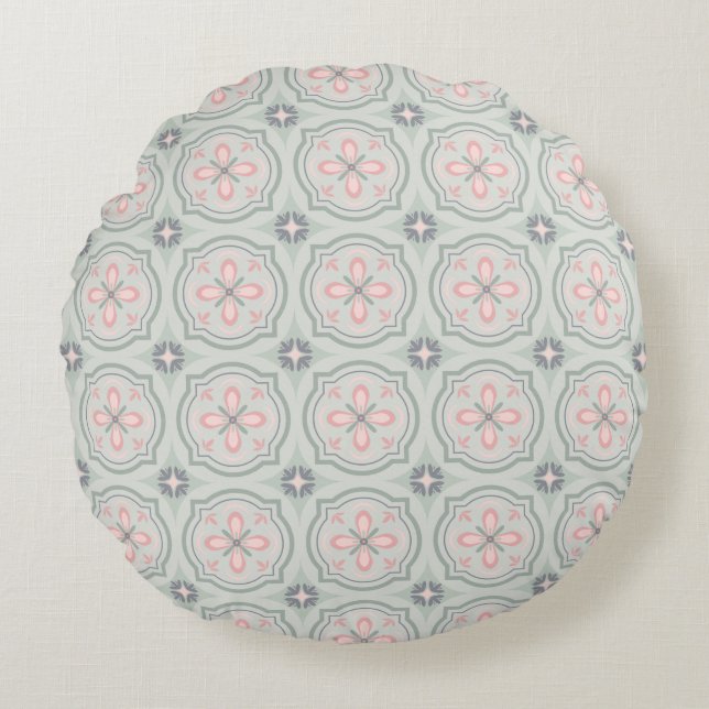 Green Pastel Floral Tiles Round Pillow (Front)