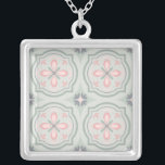 Green Pastel Floral Tiles Silver Plated Necklace<br><div class="desc">cool floral shapes pattern</div>