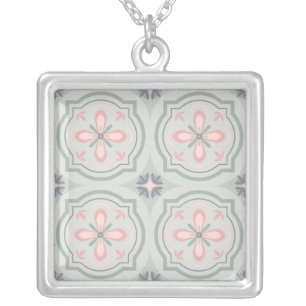 Green Pastel Floral Tiles Silver Plated Necklace